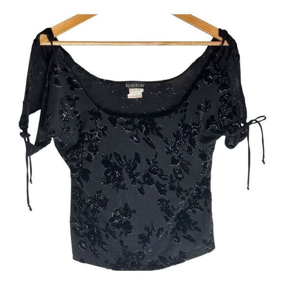 Vintage BeBe Women's Black Silver Floral off shoulder Crop Top Large Boho Goth - Picture 1 of 11